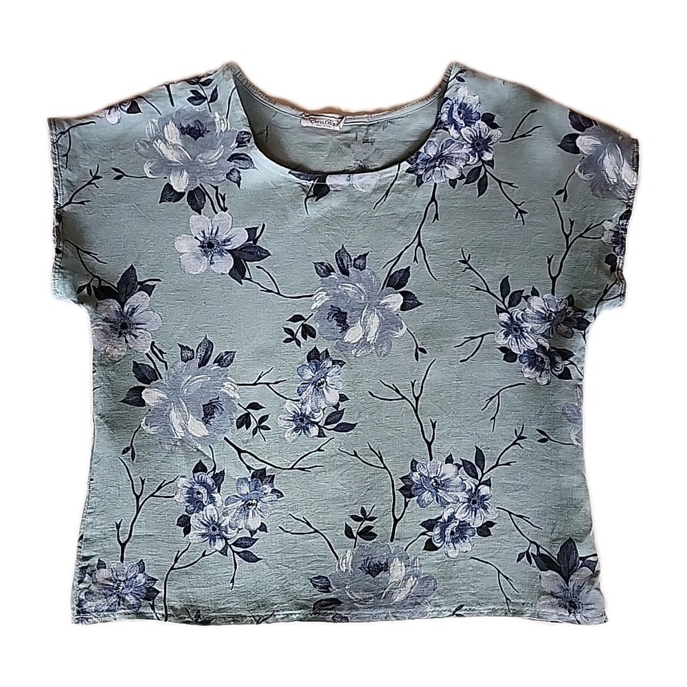 Elena‎ Baldi Linen Floral Top Sz S Blue Relaxed Boxy Cottage Coastal Euro Summer